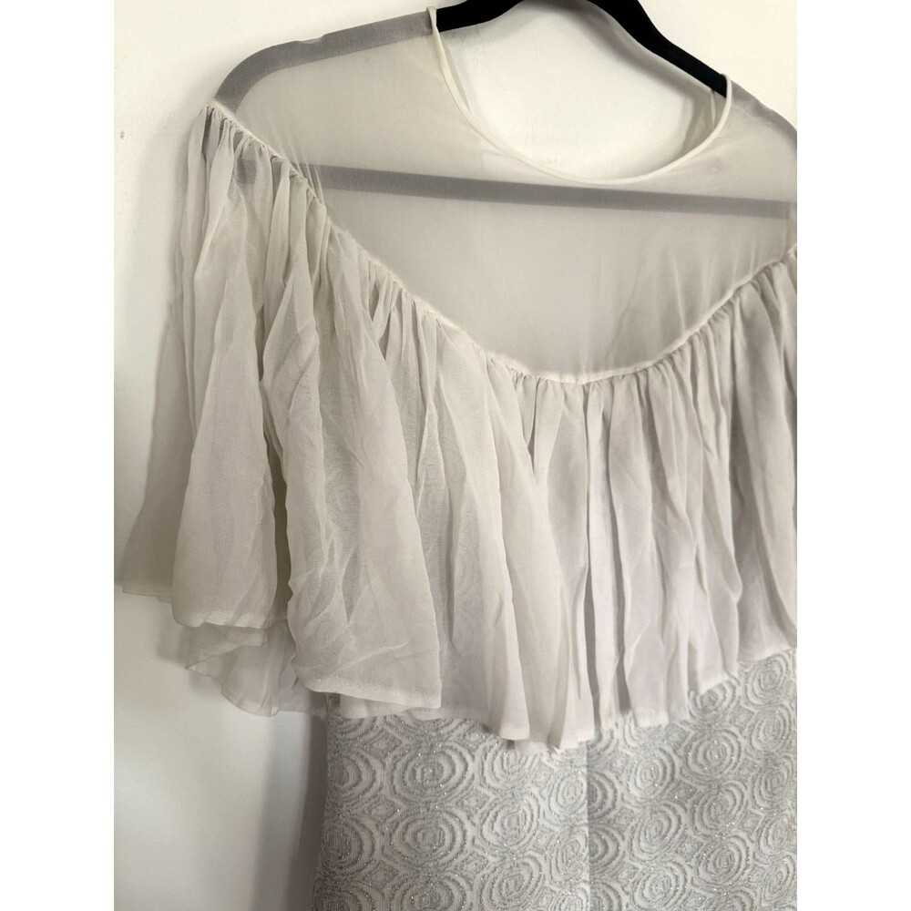 Vtg Home Sewn Elegant Maxi Dress Gray & Silver Large Sheer Ruffled Bodice ?M